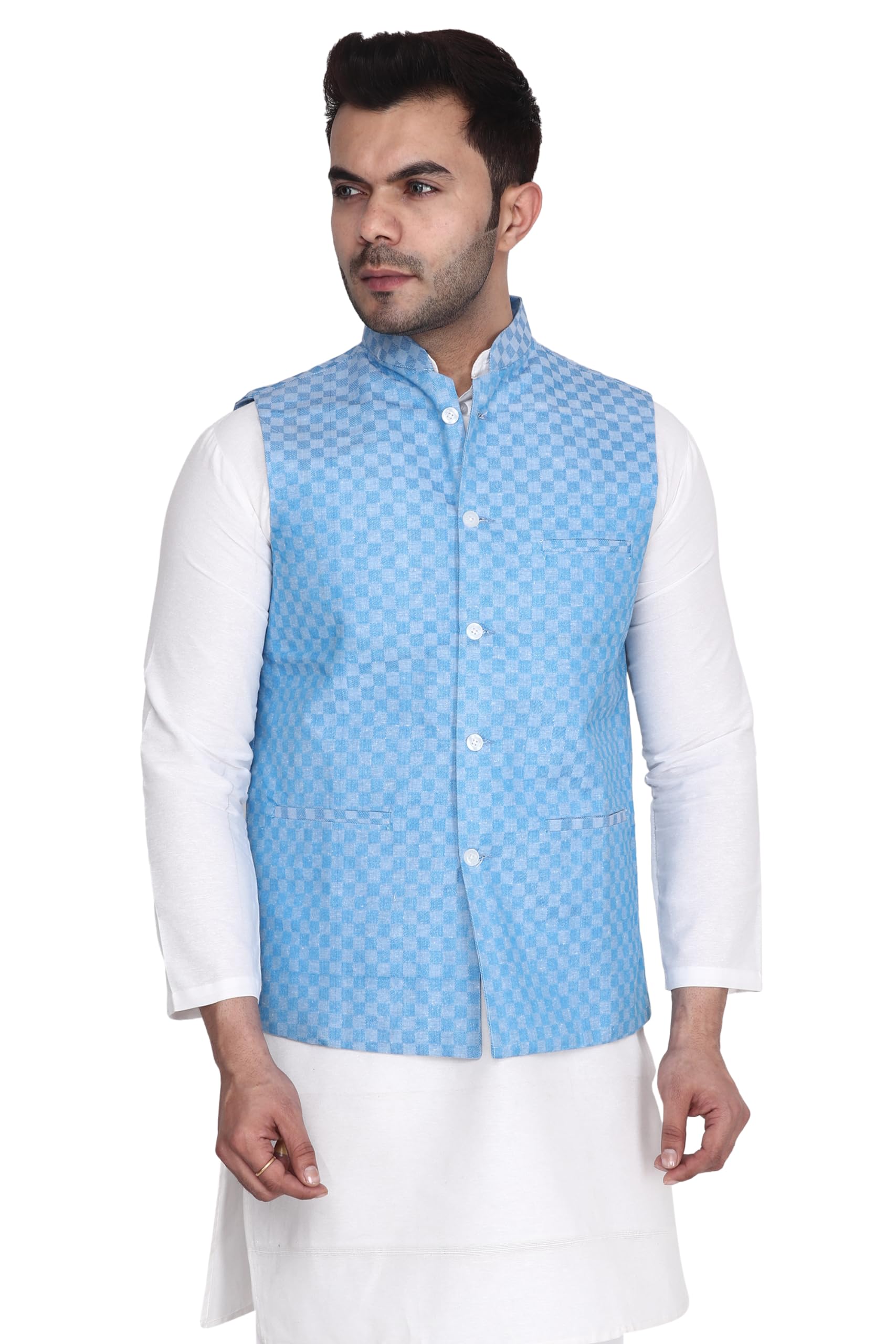 aaryavar Ethnic Premium Nehru/Modi Jacket/Waistcoat - Sleeveless Coat for Formal & Festival Wear - Sky Blue Color-picture-13