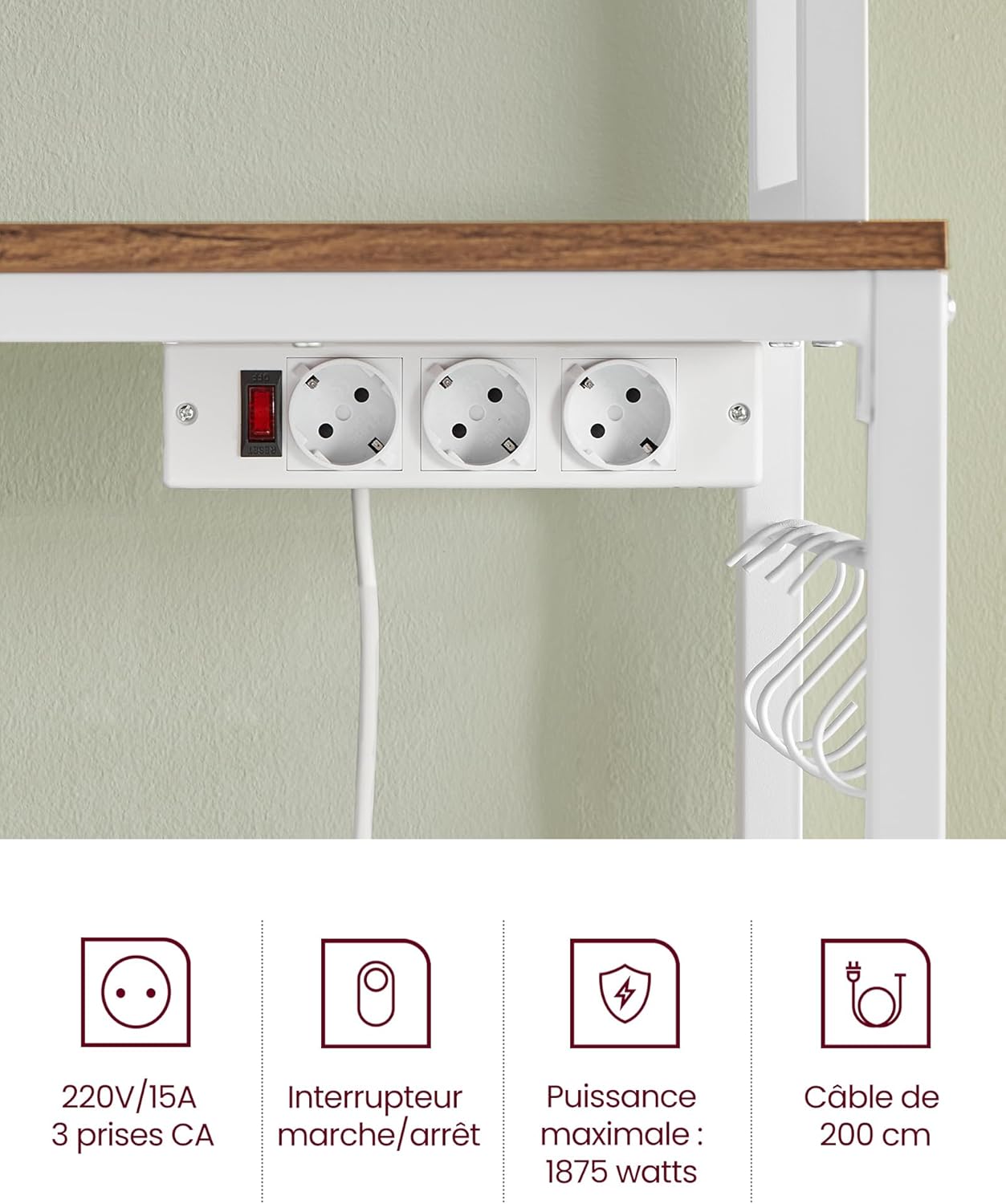 Terperinci view of the integrated power strip with three AC outlets and an on/off switch on the VASAGLE KKS037W41EU kitchen baker's rack.
