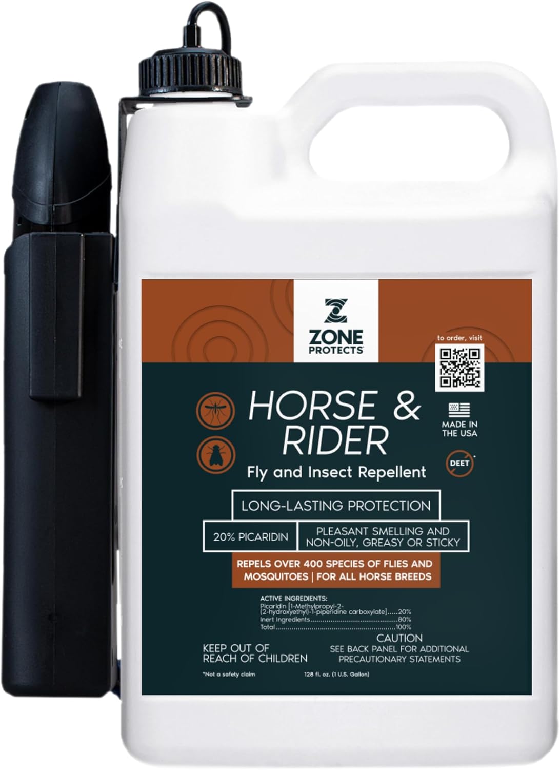 Horse & Rider Fly Spray Gallon with Battery-Operated Wand; EPA-Registered Picaridin Fly, Tick and Mosquito Repellent for Horses and Riders; 12+ Hour Protection