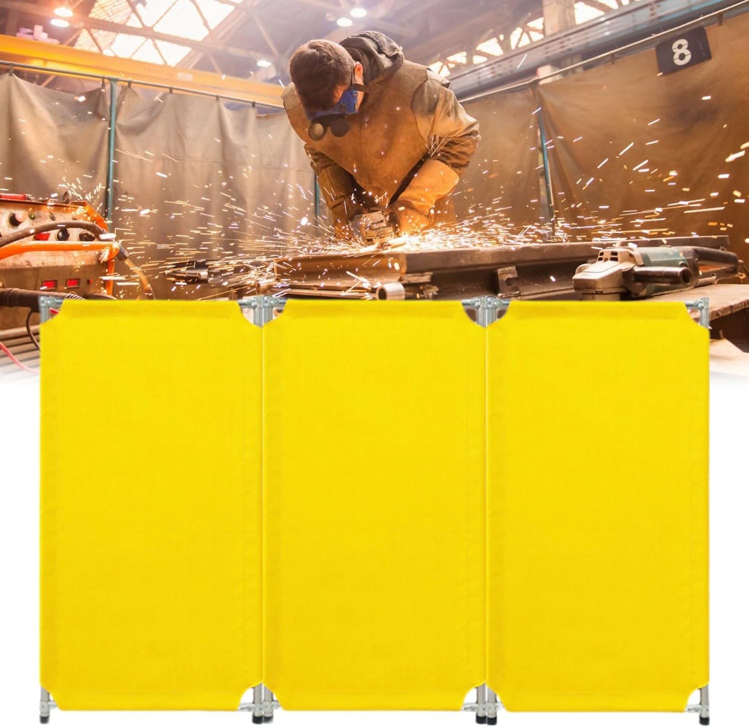 3 Panels Heavy Duty Welding Screen, Safety Barriers With Stainless Steel Frames, Flame-Resistant Welding Protection Curtain For Workshop Industrial Sites(Yellow 100 x 150 cm,5 Pack)