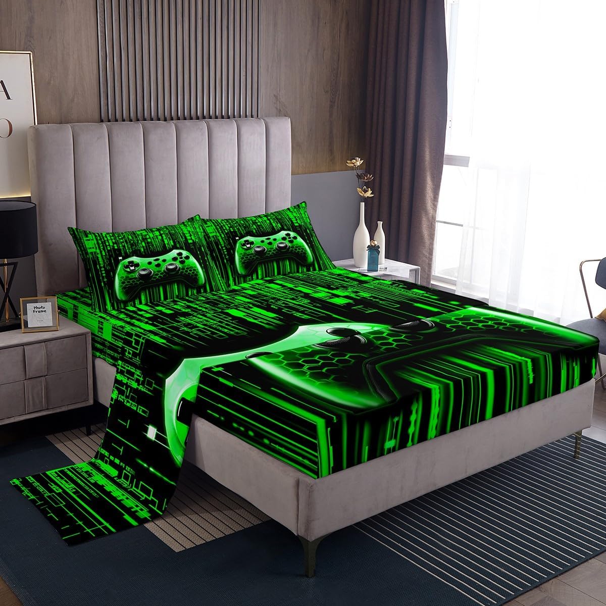 Gaming Gamepad Kids Sheet Queen Size,3D Neon Lights Geometric Bedding Set,Boys Girls Room Decor,Modern Videogames Gamer Controller Green Fashion Bed Sheet Set 4pcs(Fitted + Flat + 2 Pillowcases)