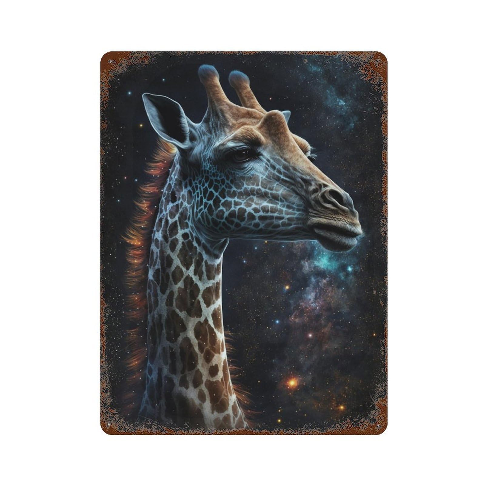 Giraffe in Space Art Print Rusty Metal Tin Sign 15.7"x11.8", Rustic Home Decor for Garage, Pub Or Kitchen
