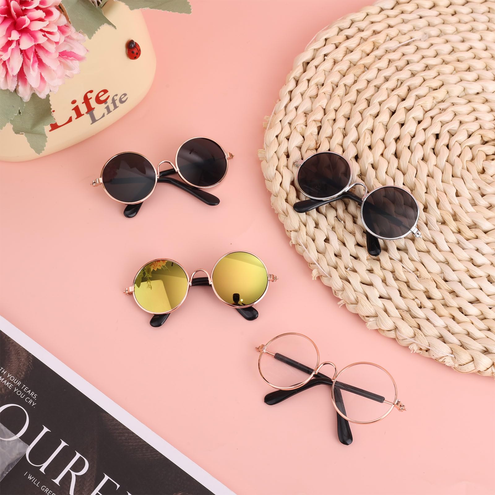 Penitue 4pcs Mini Doll Glasses, Cute Tiny Small Sunglasses for Most Dolls and Metal with Frame Multi-Color Lenses Fashion Plush Eyewear Accessories (Color 1) - Image 4