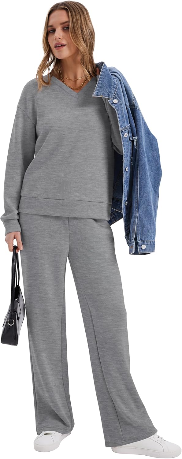 WIHOLL Lounge Sets for Women 2026 V Neck 2 Piece Outfits Airport Wide Leg Pants Matching Set Sweatsuits - Image 3