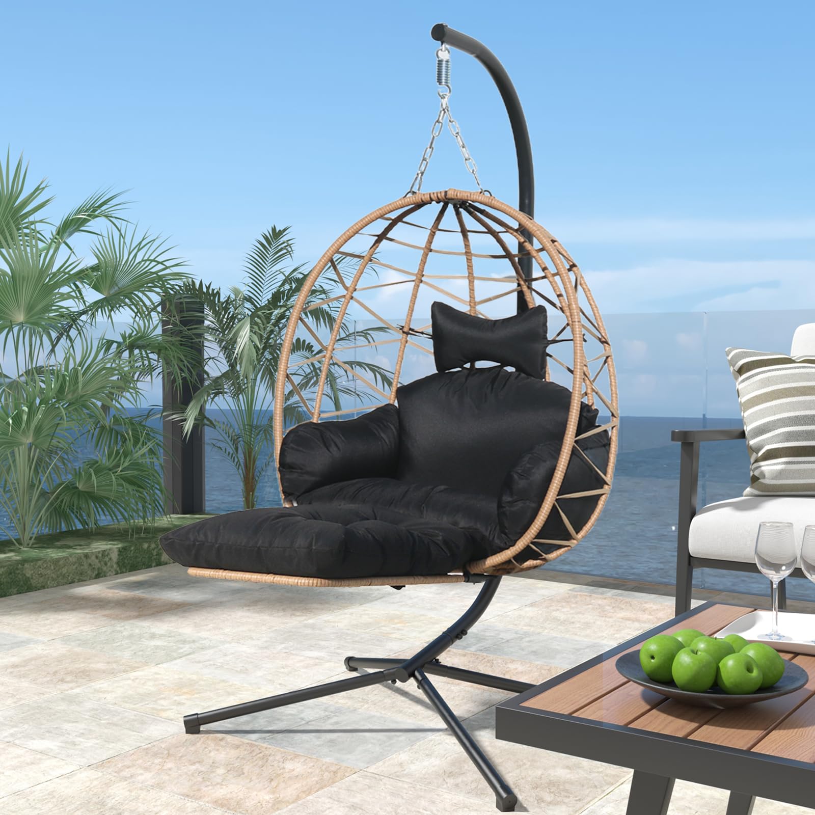 Jadoxy Hanging Egg Chair with Leg Stand, Indoor/Outdoor Swing Egg Chair Hammock Basket Seat Chair with Cushion for Porch Balcony Garden Patio (Ribbon+