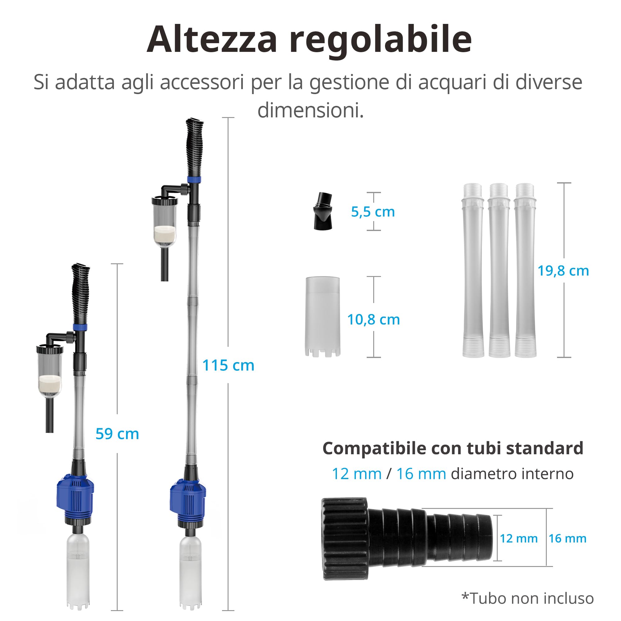 NICREW 3 in 1 Pulizia Acquario Multifunzionale, Sifone per Ghiaia con Filtro in Spugna, Aspirapolvere per Acquario Medio e Grande, 800 L/H, 16 W