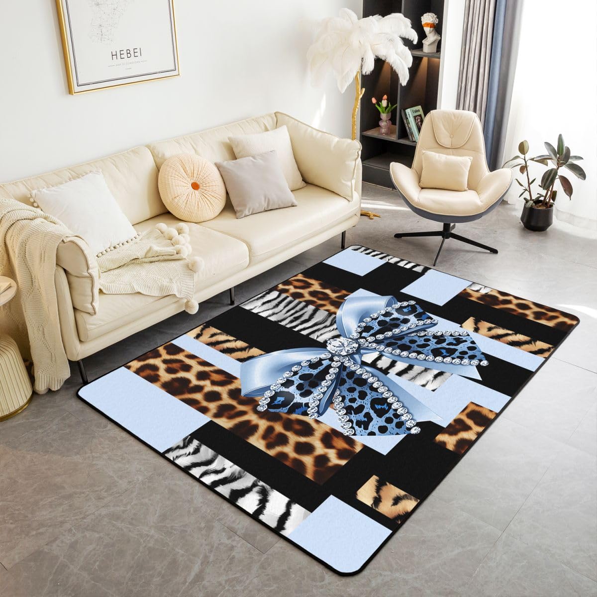 Tapis bleu bowknot 150x200 cm tapis de salon léopard lavable