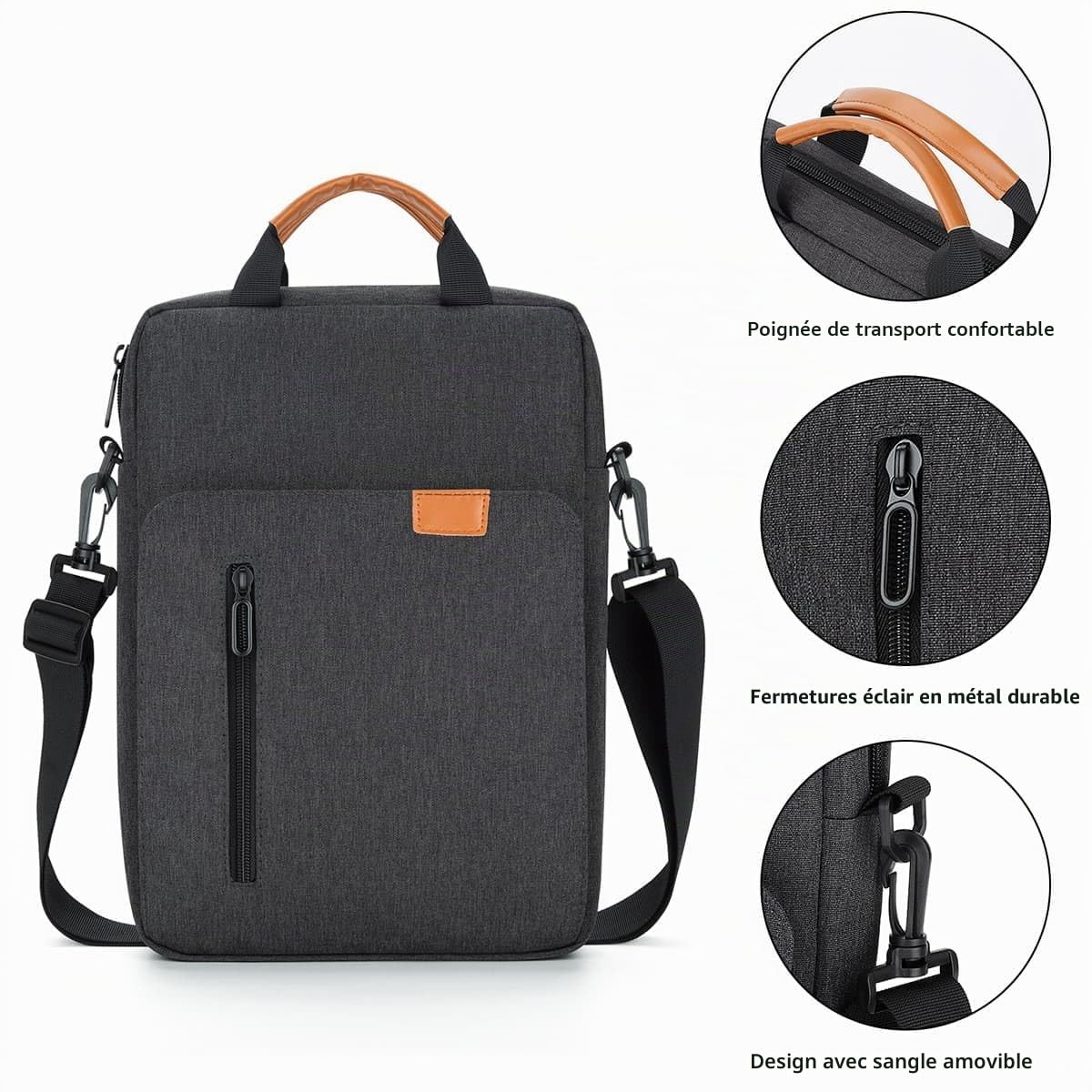 Housse Portable 13 Pouces Pochette Ordinateur avec Bandoulière Compatible avec 13" MacBook Air Pro M3 M2 M1, Surface Pro, Imperméable Sacoche de Protection PC, Gris Foncé