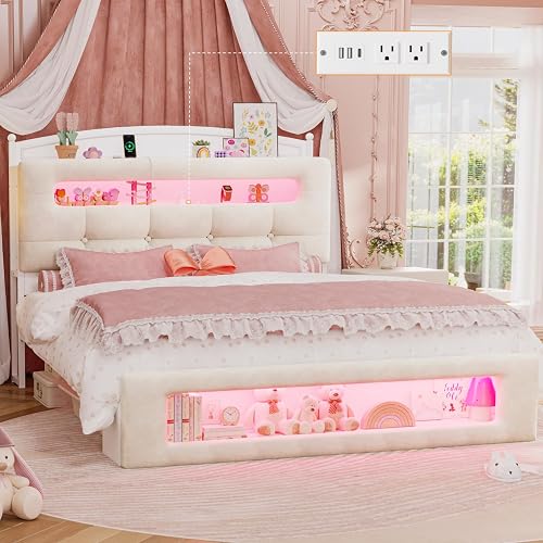 UPOSOJA Full Size Upholstered Platform Bed Frame with LED Lighting, Storage Headboard and Footboard, Remote/App Control, No Box Spring Needed,White (Full)