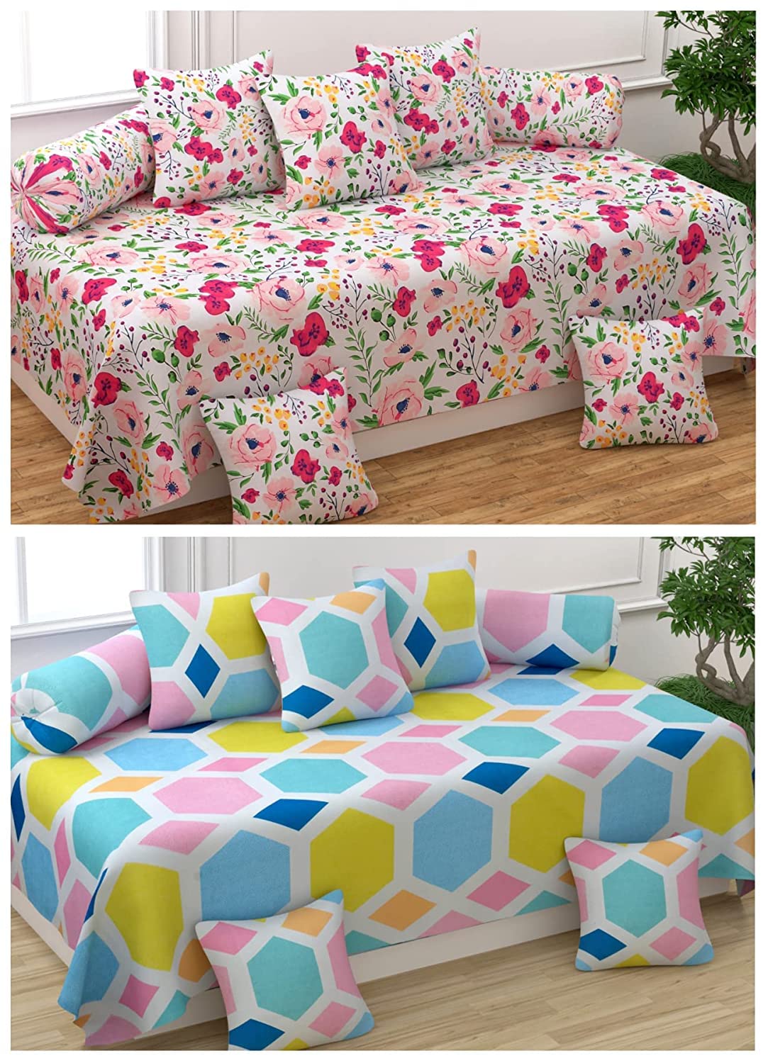 Castiqa Microfiber Supersoft Unique Patterns Diwan Set Covers of 8 Pcs Combo of 2 Diwan Sets (White Floral & Polycheck)-picture-13