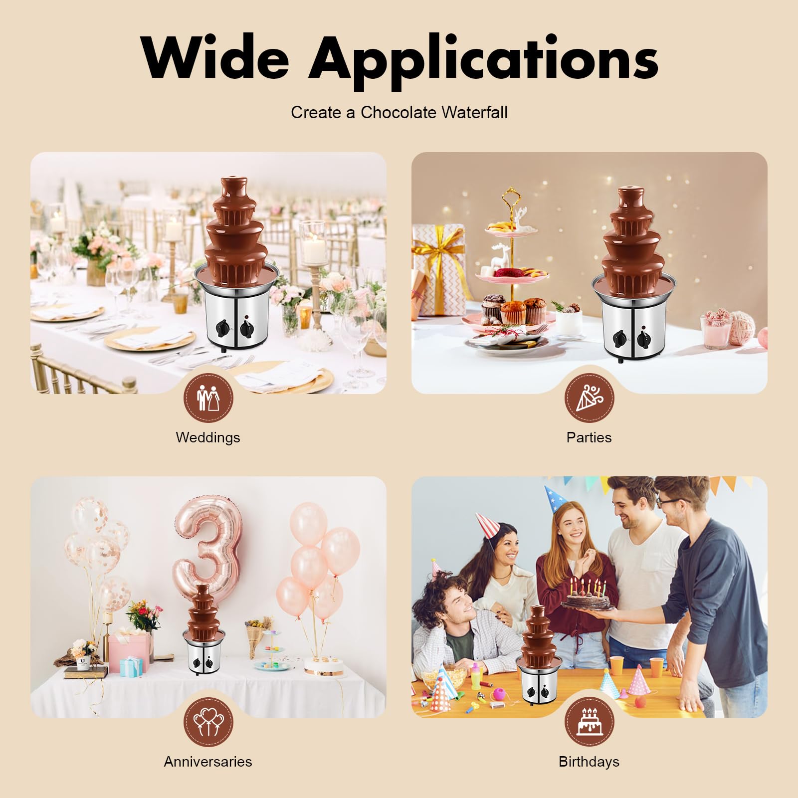 Commercial Chocolate Fountain Machine 110V Electric Chocolate Melting Fountain Machine 1.8L Fountain Set Hot Melting Machine 4 Tier Stainless Steel Chocolate Fountain for Wedding Parties Buffet