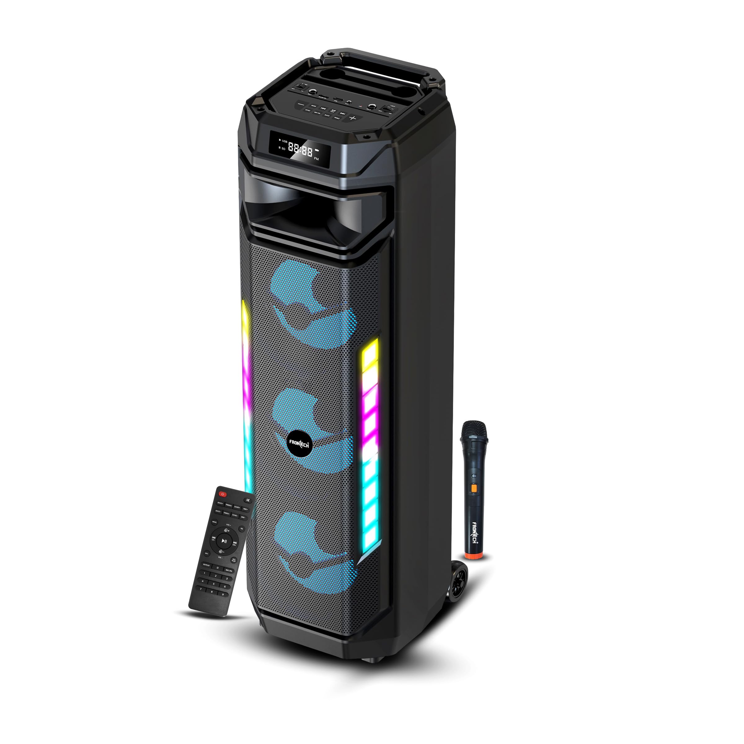 Frontech Smash PRO-20P 90W Trolley Speaker | Karaoke with Wireless Mic | TWS | RGB Lights | BT 5.0 | USB/TF/AUX/FM | 6000mAh Battery | Dual Mic Ports | Recording (SW-0020P).