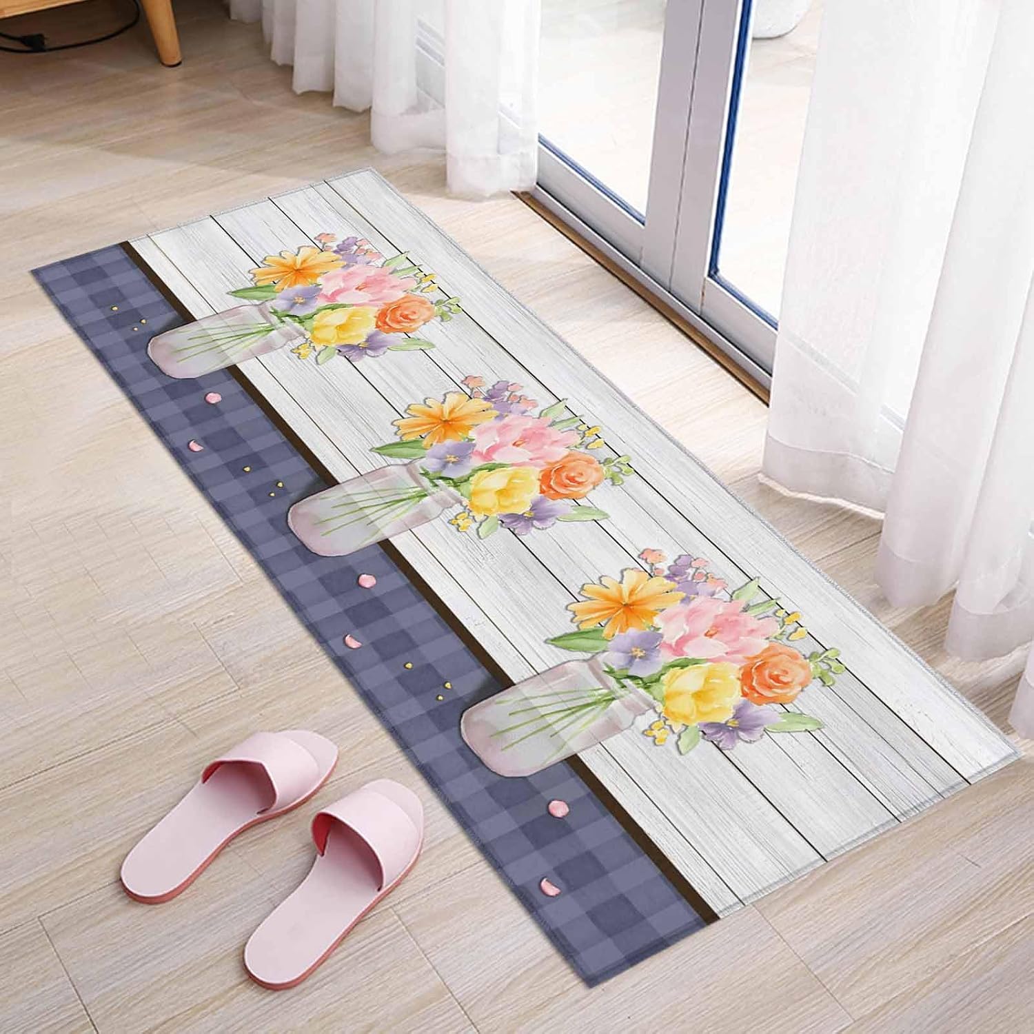 Teamery Kitchen Mats for Floor Watercolor Blossom Flower Vase Washable Non Slip Kitchen Rugs 1PCS, Spring Floral Wood Grain Absorbent Standing Mats for Sink Bathroom Office Living Room 15.7x47.2in