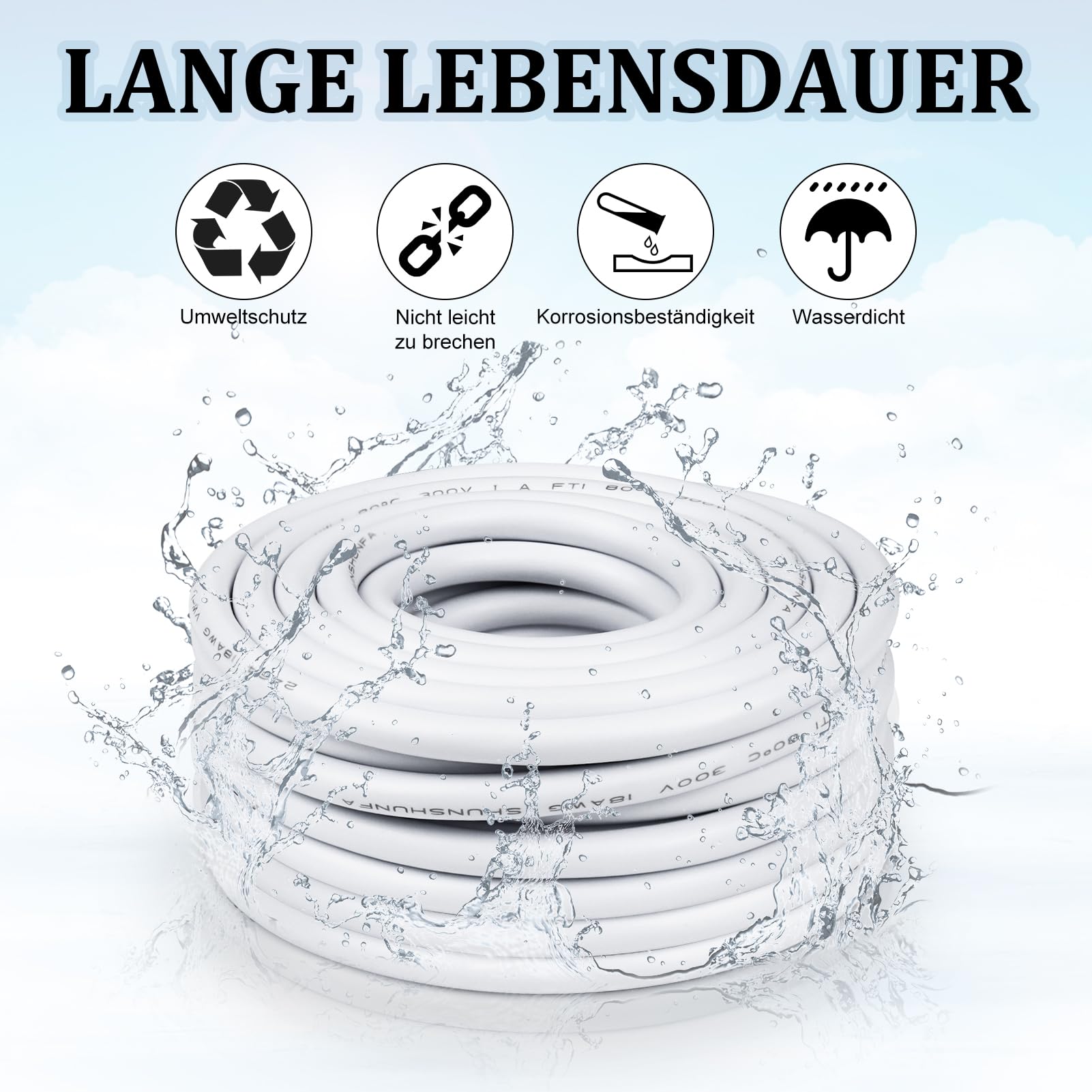 16AWG 2x1,5mm² 20Meter Elektrokabel 2-adrig Kabel, 5V/12V/24V Erdkabel Weiß Verzinnte Kupferkabel, 300V flexibel und weich Stromkabel hohe Temperaturbeständigkeit Verlängerungskabel 20m