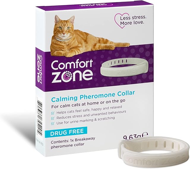 Comfort Zone Cat Calming Pheromone Collar, Helps Cats Feel Safe, Happy, Calm, While Reducing Stress, Anxiety and Unwanted Behaviours, 1 Collar Pack, White