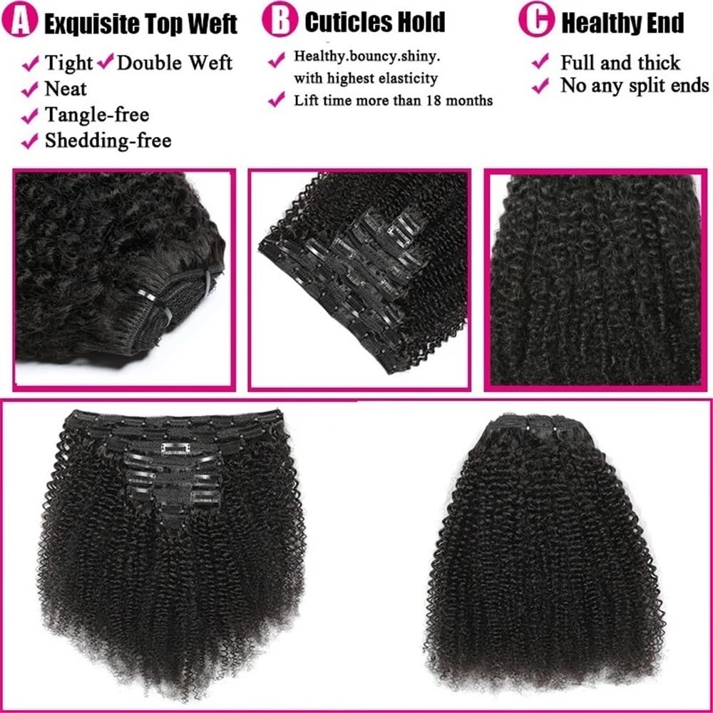 Przedłużenie włosów ludzkich z klipsami afro, kręcone, 8 sztuk, 120 g/zestaw, naturalne ze brazylijskie włosy, dla czarnych kobiet, kolor 20-55 cm przedłużanie włosów (12 cali)
