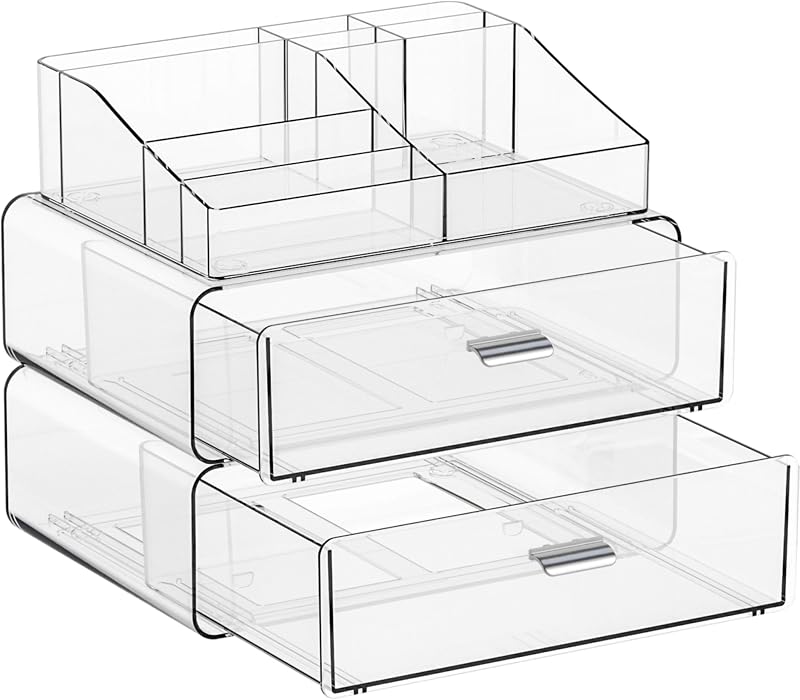 3 Tier Clear Acrylic Makeup Organizers with Drawers,Tiered Countertop Make up Storage Organizer for Dresser Top and Bathroom Vanity,Plastic Makeup Stand for Brush,Skincare,Beauty Organizers
