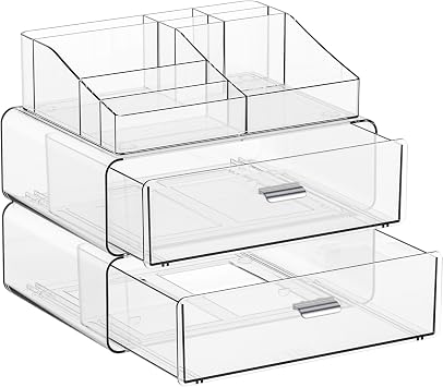 Yieach 3 Tier Clear Acrylic Makeup Organizers with Drawers,Tiered Countertop Make up Storage Organizer for Dresser Top and Bathroom Vanity,Plastic Makeup Stand for Brush,Skincare,Beauty Organizers