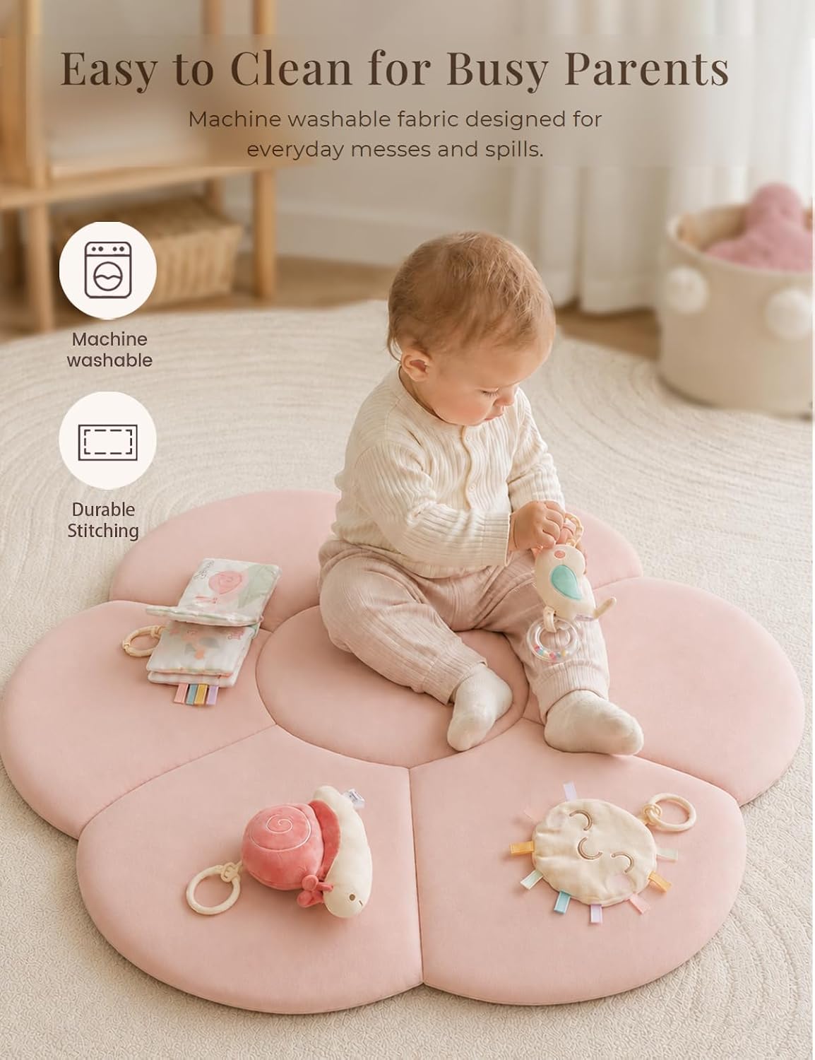 KONSSY Flower Baby Play Gym Mat，Flower Infant Activity Gym with Soft Arches | 6 Detachable Sensory Toys, Cotton Surface, Anti-Slip Bottom, Newborn Tummy Time Gift
