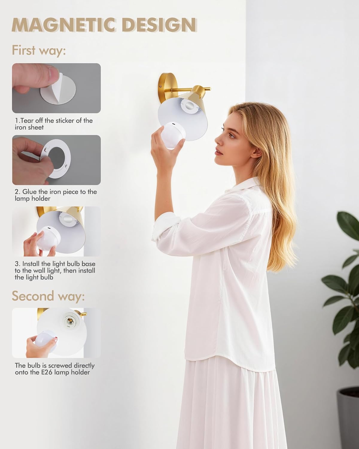 Modern Wireless Battery Operated Wall Sconces, Gold Rechargeable Cordless LED Wall Lights Set of Two, Dimmable Battery Powered Wall Decor Lamp Fixture with Remote Control for Bedroom Indoor