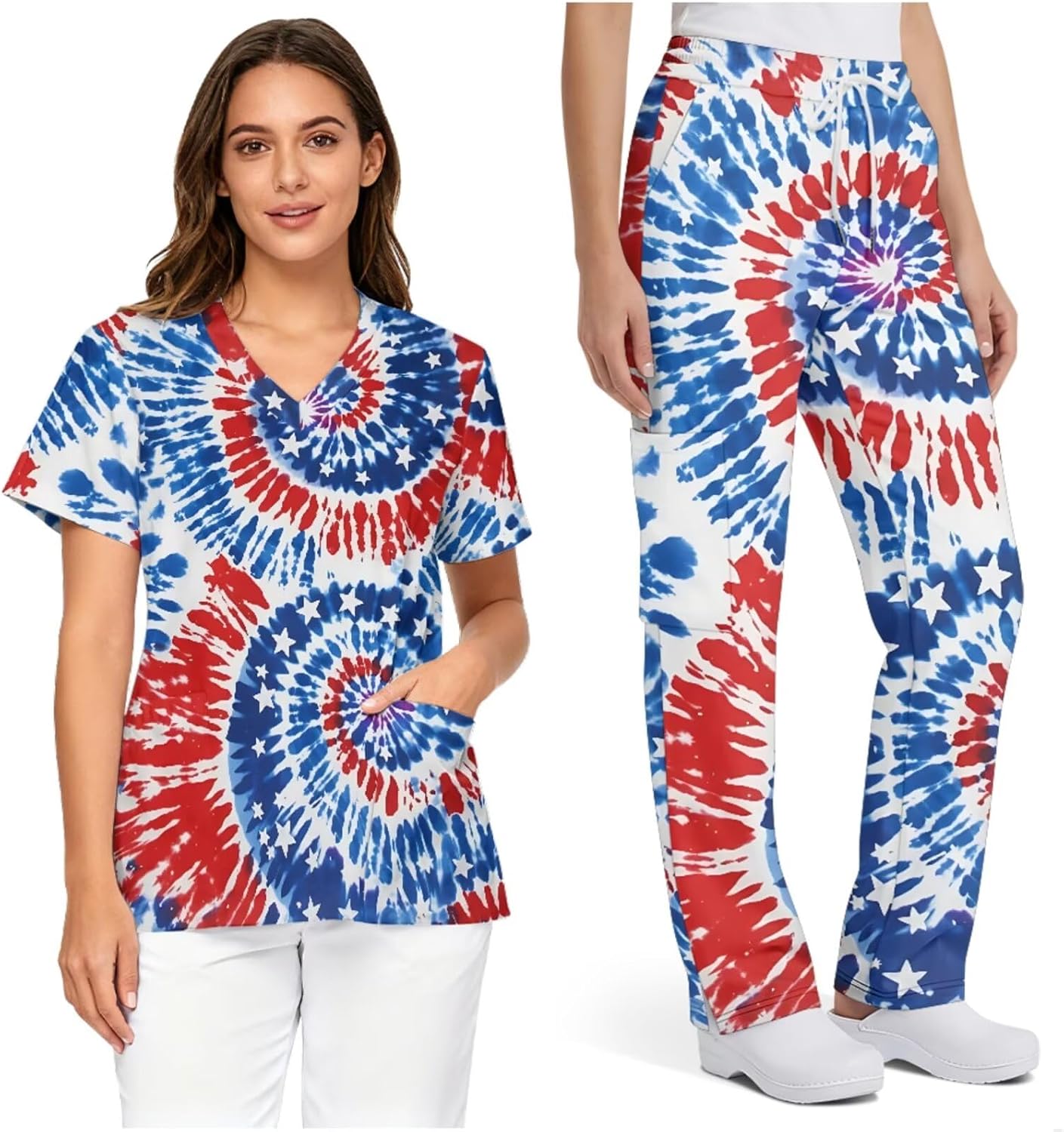 Scrubs for Women Set Medical Uniform V Neck Short Sleeve Top and Straight Jogger Pants with Six Pockets Workwear