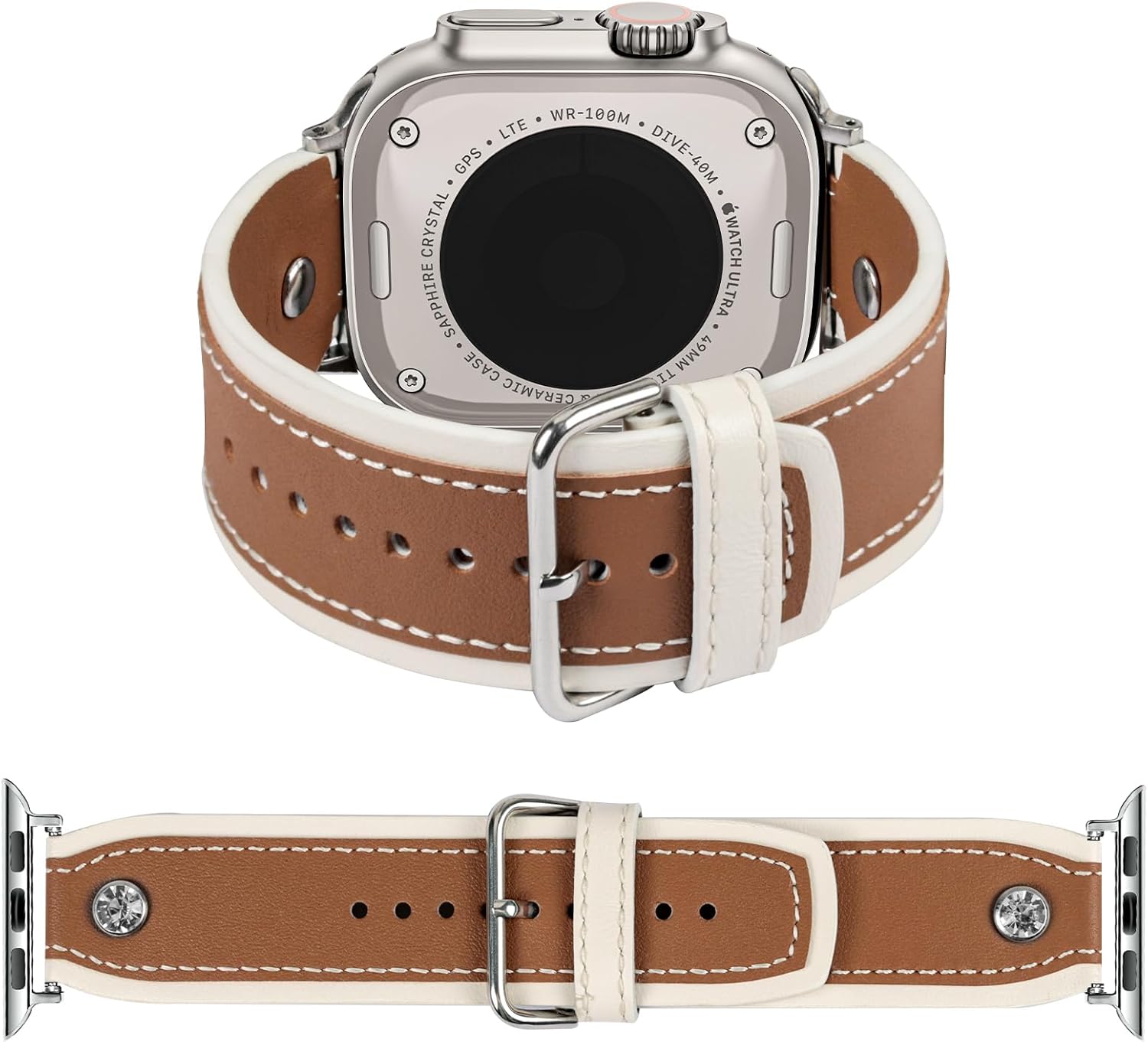 Joyozy Leather Band Compatible with Apple Watch Band 38mm 40mm 41mm 42mm 44mm 45mm 49mm, Luxury iWatch Band with Bling Crystal for Ultra, Series SE/10/9/8/7/6/5/4/3/2/1, Designer Dressy Strap for Women