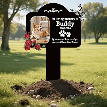 Personalized Pet Grave Markers Custom Dog Memorial Gifts Outdoor Pet Cemetery Cross Sign for Dogs & Cats Weatherproof with Photo,Text,Pattern Butterfly