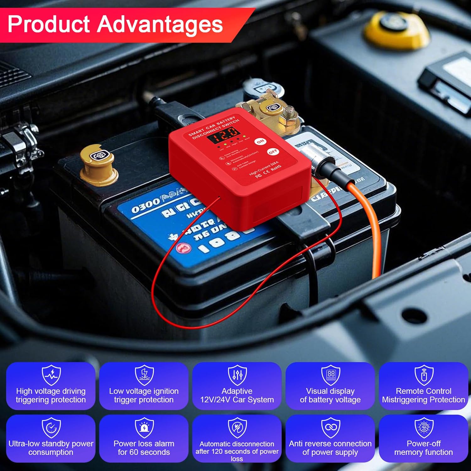 12V Smart Battery Disconnect Switch with Remote Control - Perfect for Cars, Trucks, RVs, and ATVs - Features LED Voltage Display and Anti-Theft Battery Cut-Off Capability (Red-DC)