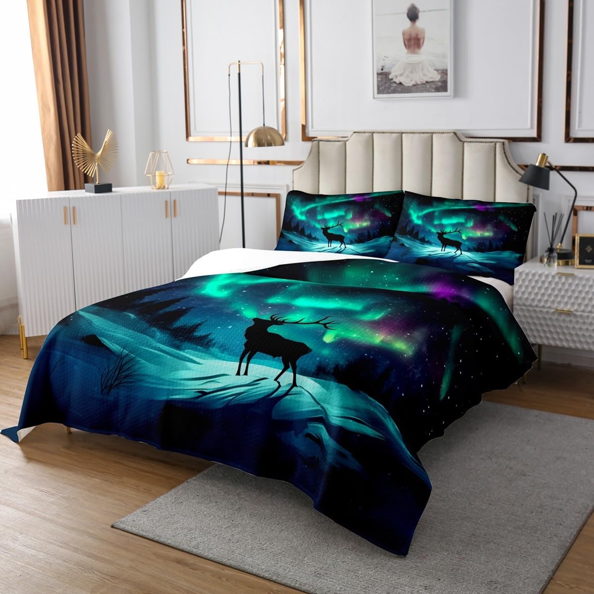 Erosebridal Aurora Deer Quilt Set King Size,Northern Lights Bedding Set for Kids Adults,Farmhouse Cabin Deer Bedspread Set Starry Night Nature Coverlet Set with 2 Pillowshams Room Decor
