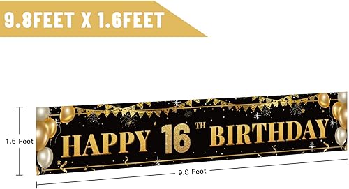 Miniatura 2 de Cartel grande de decoración de cumpleaños número 16, cartel de feliz cumpleaños número 16 negro y dorado, suministros de decoración de fiesta
