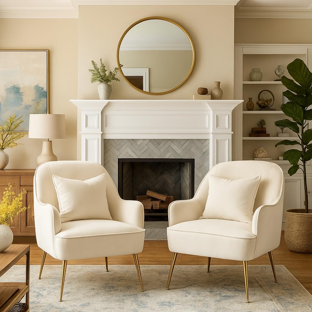 Luxor Velvet Chair | Premium Spacious Set of 2 Accent Chairs with Pillow | Modern Armchair in Soft Velvet Fabric with Glossy Golden Legs| 2pc, Beige-image-40