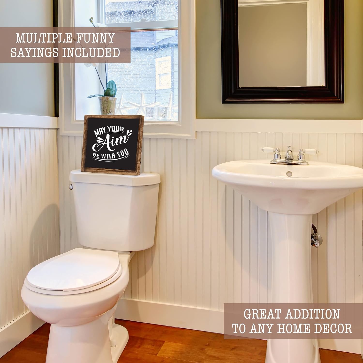 Funny Farmhouse Bathroom Decor Signs - 6 Interchangeable Wall Decorations w/Hilarious Sayings and Rustic Frame - Instantly Create a Fun Filled Bathroom In Your Home