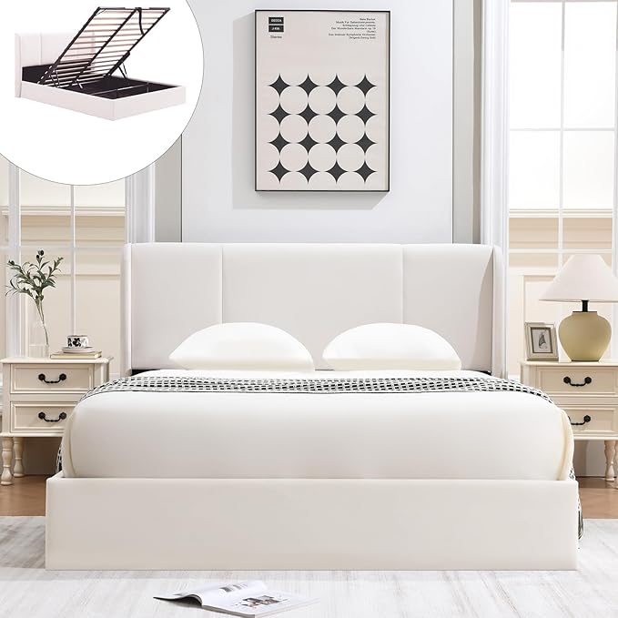 VELOCAVA King Size Lift Up Storage Bed with Modern Wingback Headboard, Upholstered Platform Bed with Fabric with Hydraulic Support Bars, No Box Spring Needed, Large Underneath Storage, White