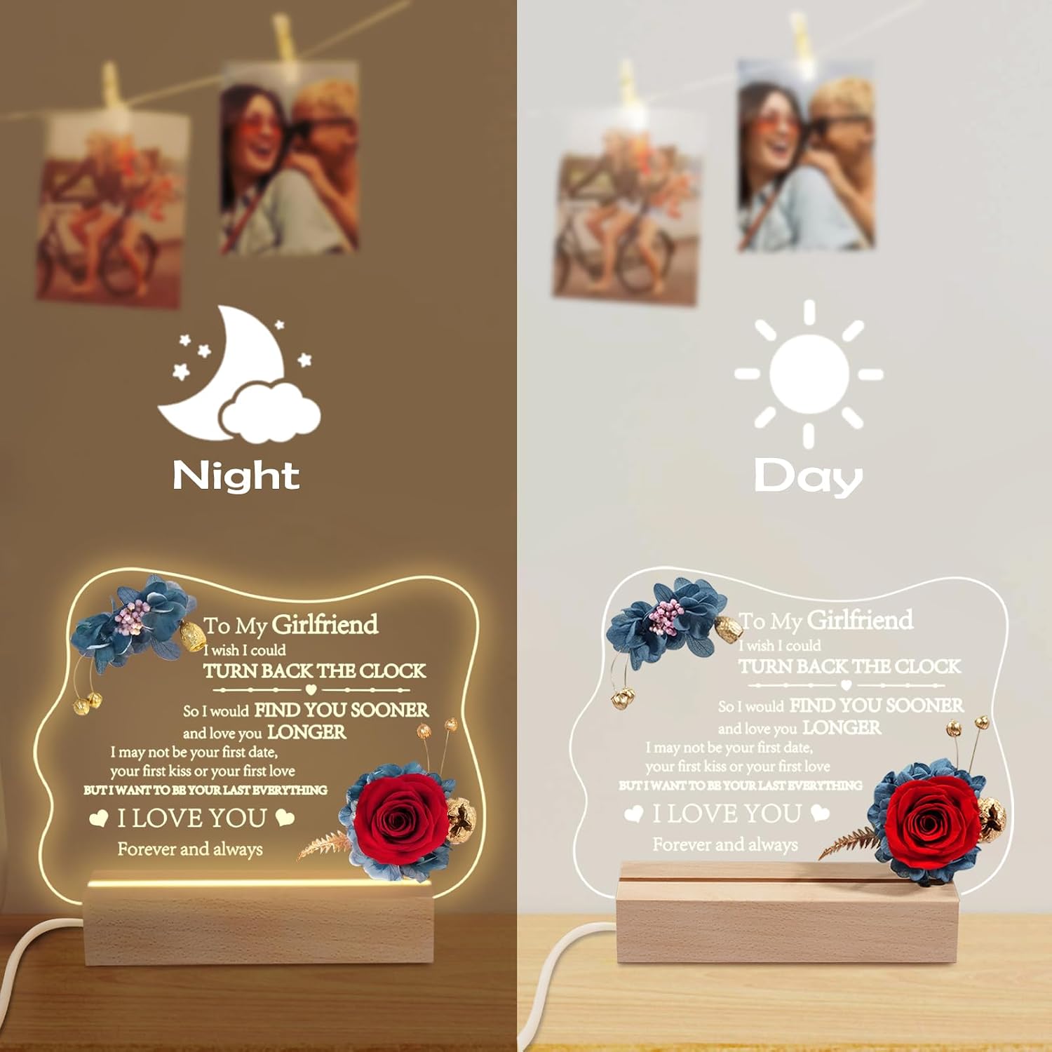 Yamonic Valentines Day Gifts for Her, Handmade Acrylic Plaque with Eternal Real Rose, Night Light with Preserved Rose Romantic Gifts for Girlfriend Wife Women (to My Girlfriend), 2UYRL3