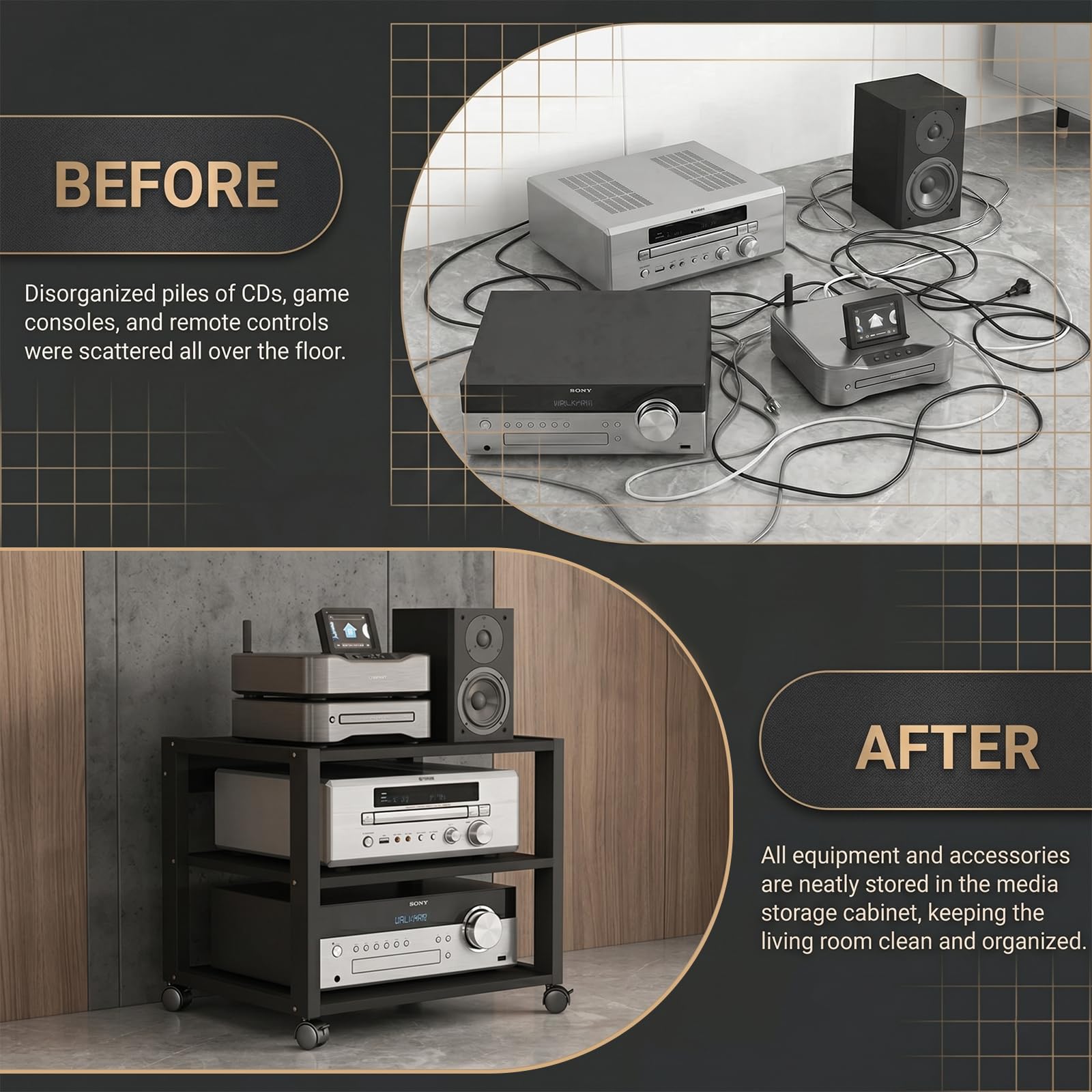 Mobile Hi-Fi Rack e Supporto Stampante 3D con Ruote, Scaffale Robusto a 3 Ripiani, 50x40x48,5cm Metallo e Legno Nero, Tavolino Porta Stereo e Carrello Ufficio sotto Scrivania Salvaspazio