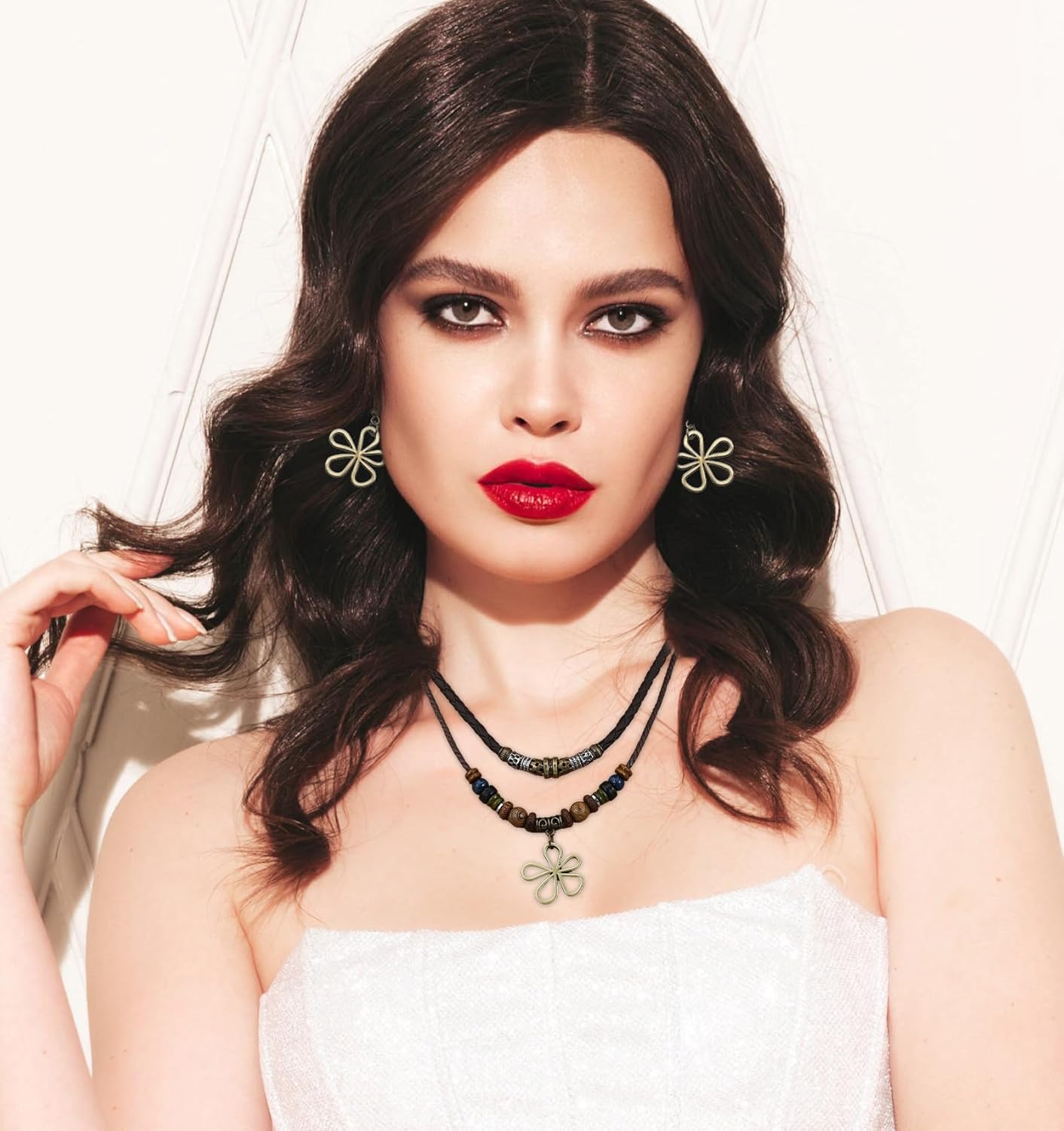 Boho Necklaces for Women, Multi-Layer Wood Bead Necklace with Hollow Flower Earrings, Retro Hippie Necklaces and Earrings Jewelry Set for Women & Men, Festivals and Everyday Wear - Image 5