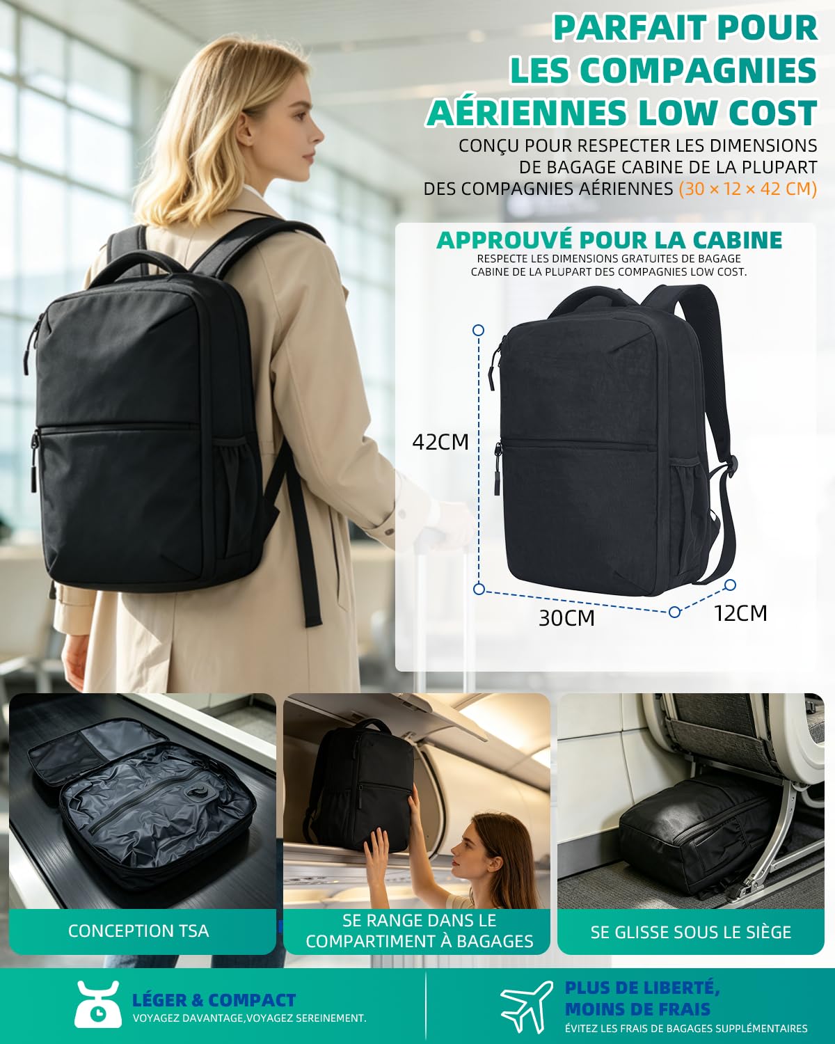 Sac à Dos Voyage Sous Vide: 30L Avec Compression USB sac de Voyage | Cabine Avion Format Bagage à Main,Ordinateur Portable 16 pouces étanche Résistant à l'eau Sans Pompe Affaires et Déplacements