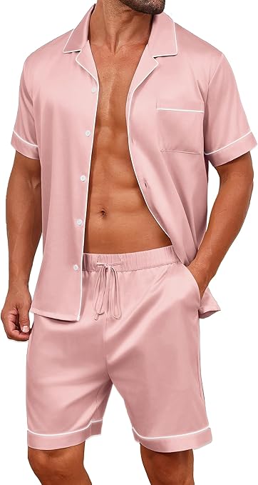 Vssjavun Mens Satin Silk Pajamas Sets Short Sleeve Button-Down Sleepwear Two Piece Loungewear with Pockets