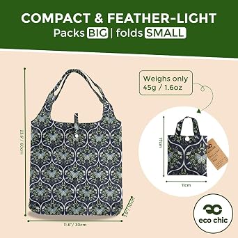 ECO CHIC Lightweight Foldable Reusable Shopping Bag Water Resistant Tote Bag