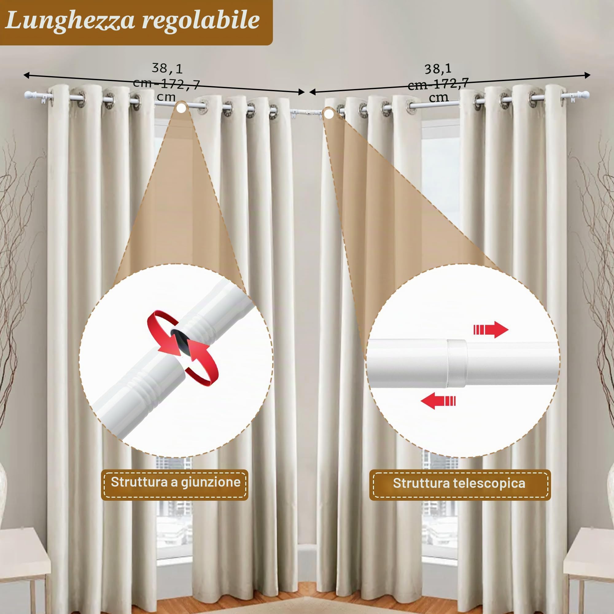 Bastone per tenda angolare in acciaio bianco, 76-345 cm, regolabile, da parete, finitura liscia e lucida