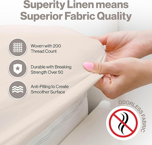 Miniatura 3 de Superior Linen - Sábana bajera ajustable de lino de calidad superior, 100 % algodón orgánico de 200 hilos, transpirable, suave y cómoda, se puede