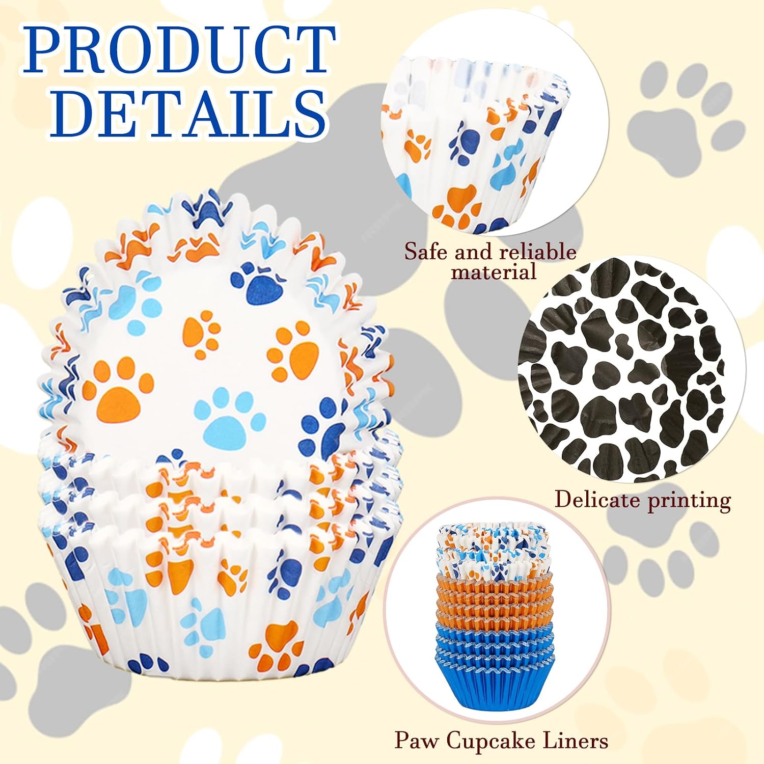 FYSUIMU 300Pcs Paw Cupcake Liner Blue Orange Foil Baking Cup Dog Paw Paper Muffin Liner Cake Storage Container for Birthday Baby Shower Party DIY Crafts Supplies