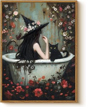 WHASAYART Magical Witch with Black Cat Bathtub Artwork, Vintage Halloween 12x16 Inch Framed Canvas Print, Floral Bath Decor Gothic Witchy Bedroom Home Office Bathroom