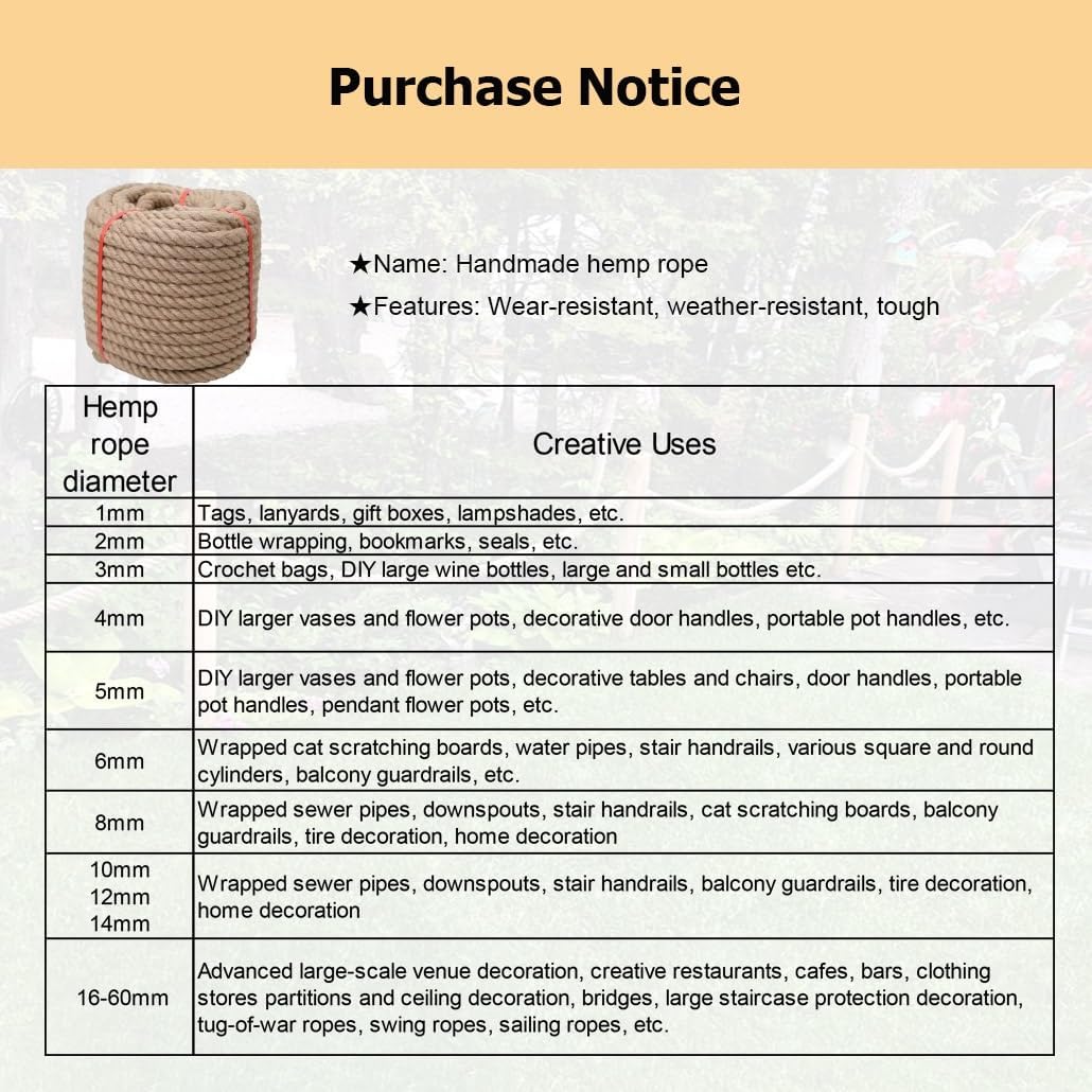 12-60 mm Twisted Braided Manila Rope, Natural Thick Jute Hemp Rope for Railing Docks Tug of War Landscaping Swing Hammock Hanging Camping Gardening Tug-of-war(22mmx10m)