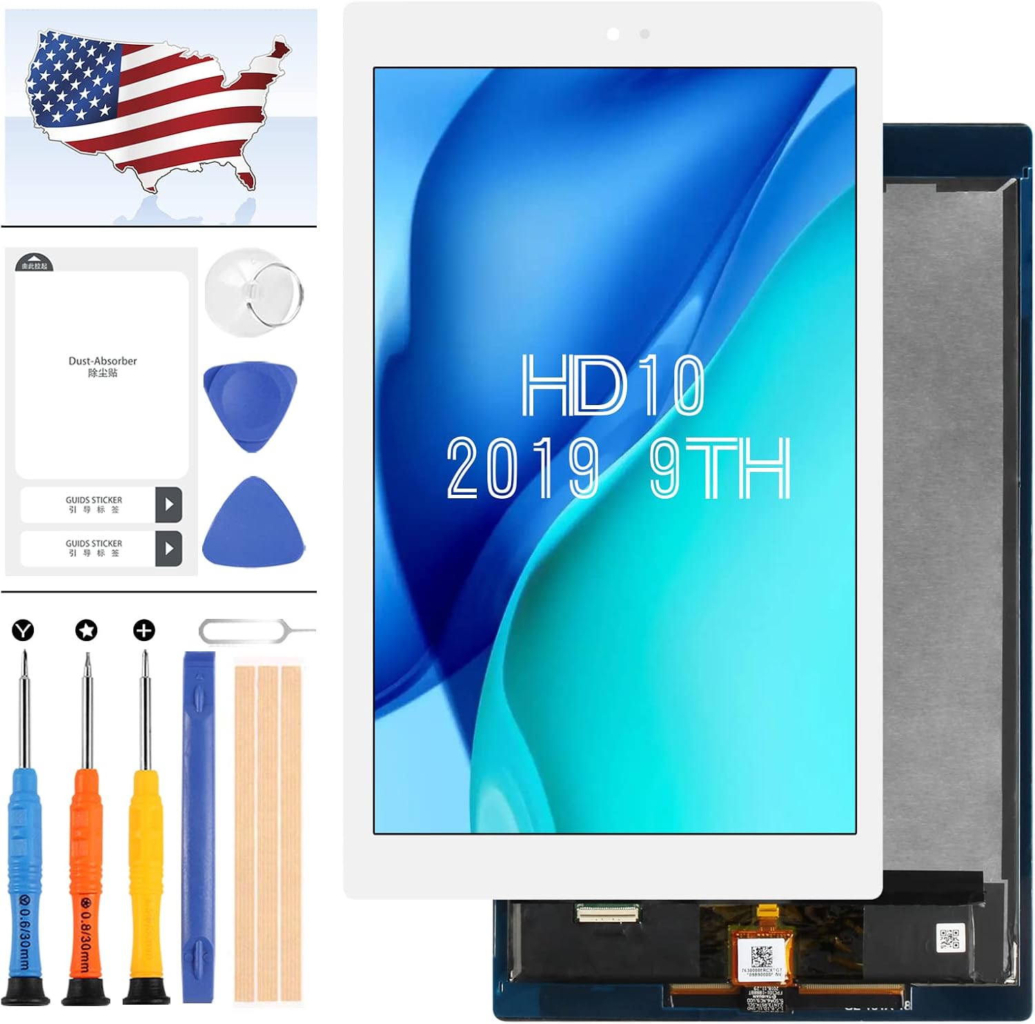 Screen Replacement for Amazon Fire HD 10 HD10 2019 9th Gen M2V3R5 LCD Display Touch Screen Digitizer Assembly Matrrix Full Glass Panel Lens Kits with Free Repair Tools (White)