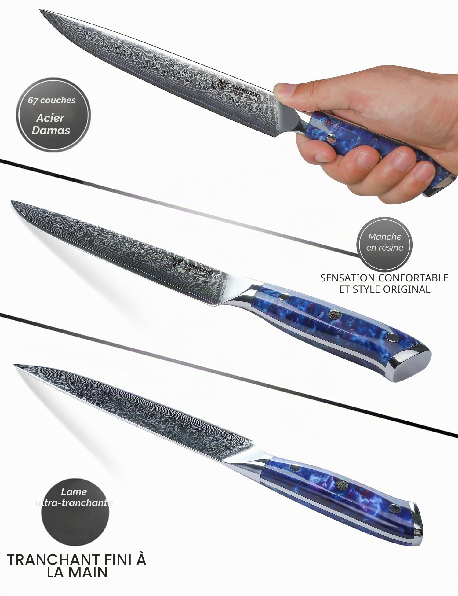Couteau à Trancher 23 cm, Couteaux de Cuisinede Chef Japonais Couteau à découper - Acier de Damas et Manche en Résine - Série Xuan(Bleu Saphir)
