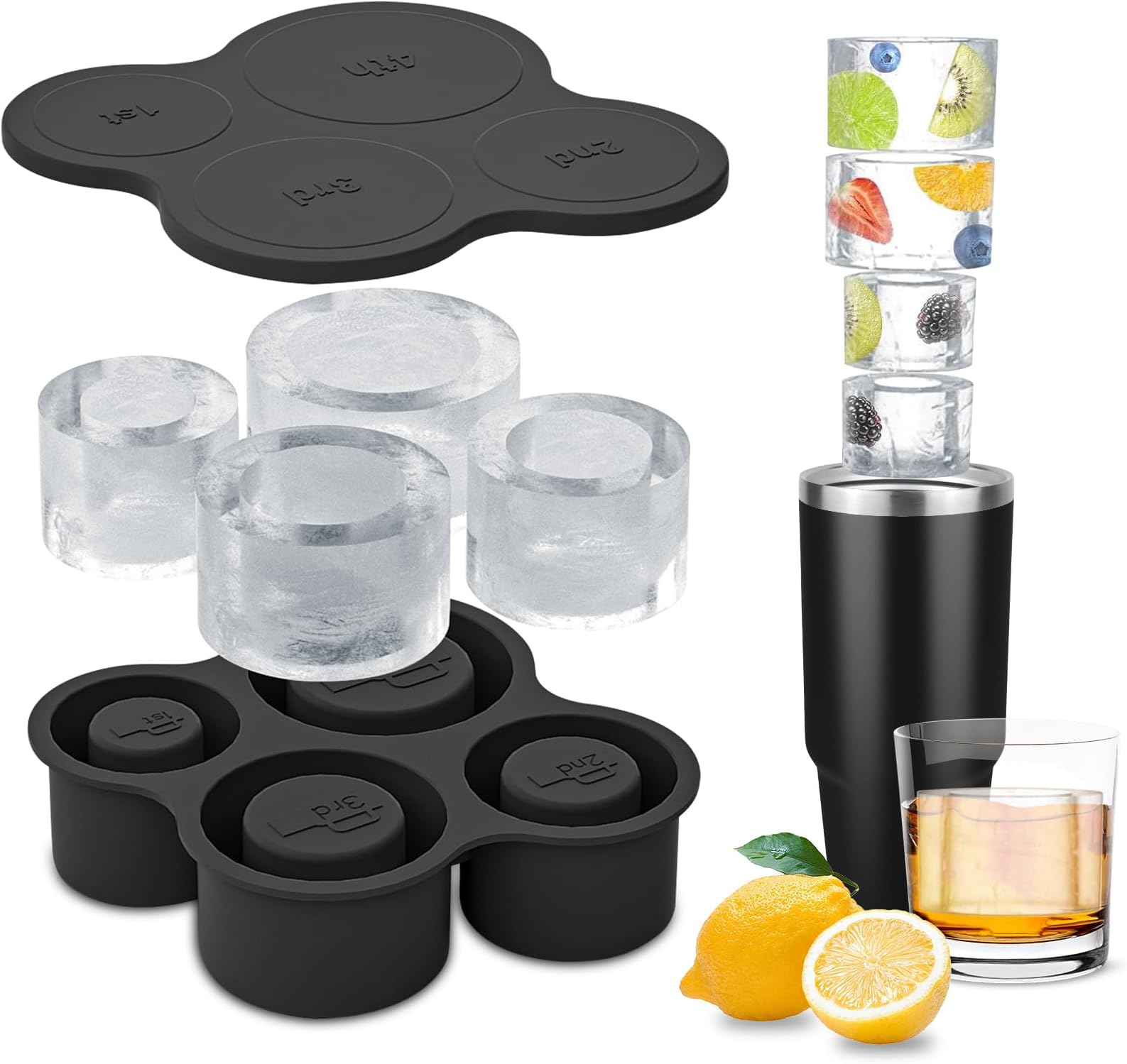 Ice Cube Tray for Stanley Cup 30-40Oz Tumbler, Silicone Ice Cube Moulds with Lid, Large Stanley Ice Cube Tray BPA Free, Stanley Cup Ice Mold Easy Fill and Release Ice Make, for Chilling Drink (Black)