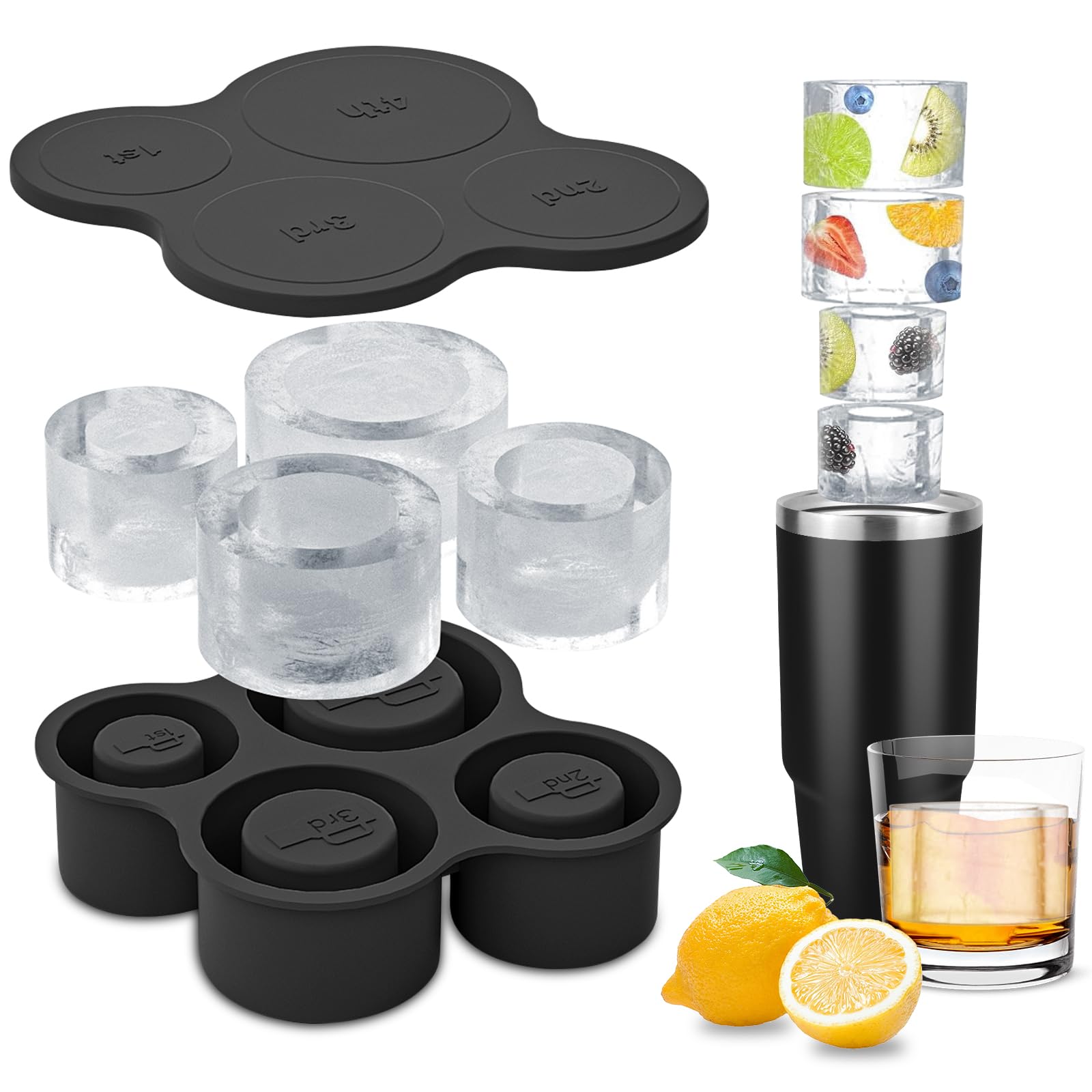 Ice Cube Tray for Stanley Cup 30-40Oz Tumbler, Silicone Ice Cube Moulds with Lid, Large Stanley Ice Cube Tray BPA Free, Stanley Cup Ice Mold Easy Fill and Release Ice Make, for Chilling Drink (Black)