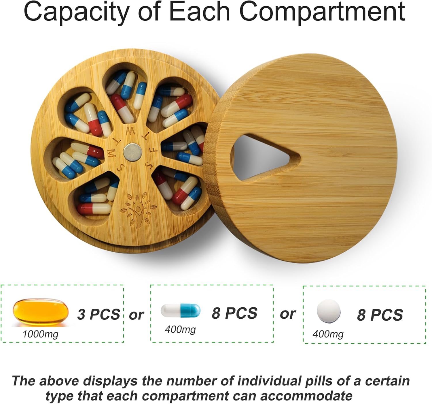 Bamboo Wood Weekly Pill Organizer for Medicine Vitamin Supplement, Arthritis Friendly 7-Day Pill Box Medium Container Holder, Daily Portable Travel Pill Case Keeper Dispenser