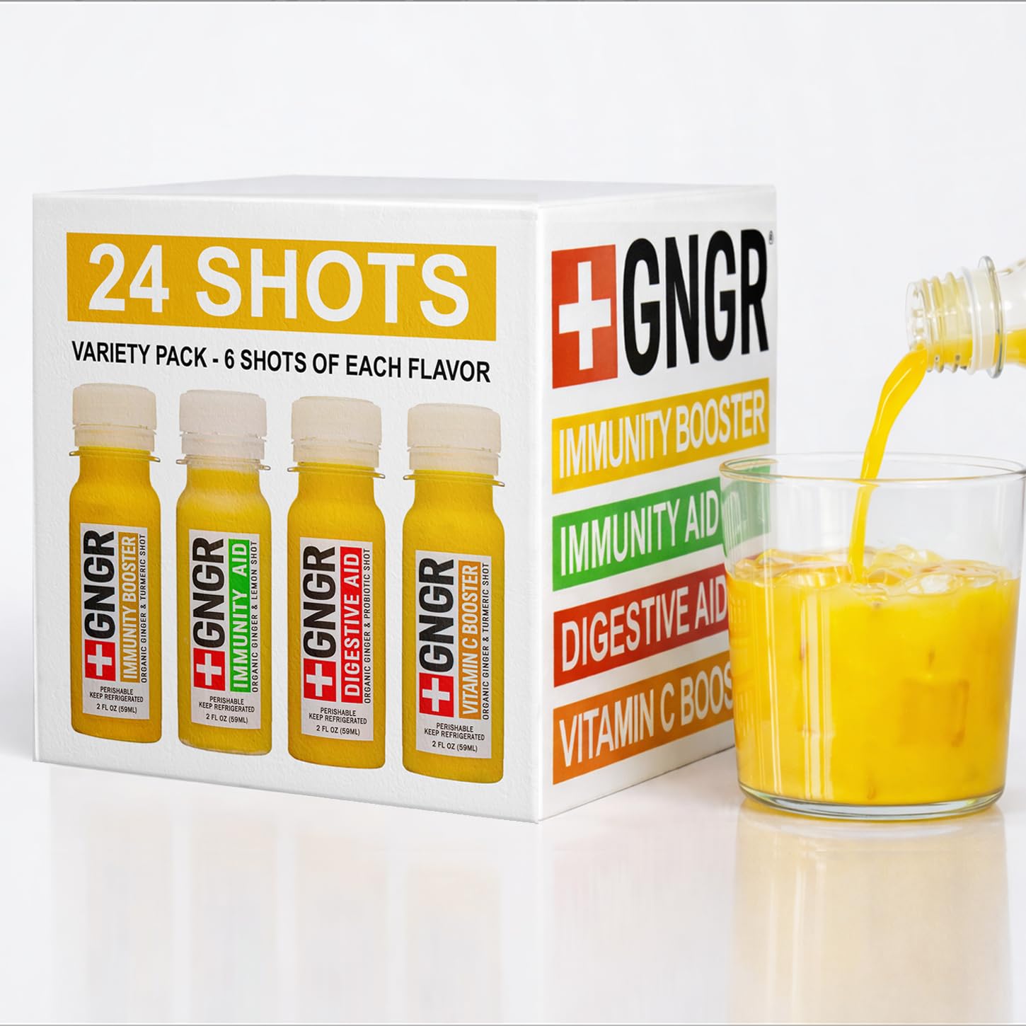 GNGR 24 Shots Variety Pack of Organic Cold-Pressed Ginger Shots – 4 Target Formulas with Peruvian Ginger, High-Absorption Turmeric & Vitamin C, for Immunity, Digestion & Detox – 2 fl oz (Pack of 24)